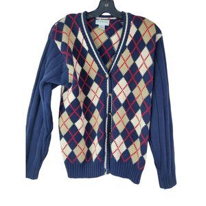 IZOD Women's‎ Navy Blue Argyle Cardigan Sweater Medium Gold Buttons